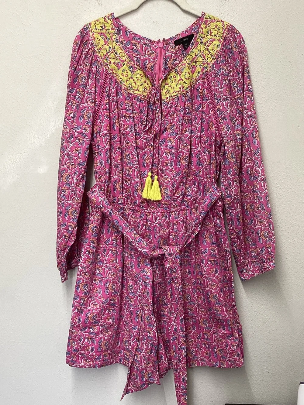 J. Crew Hot Pink Paisley romper with Yellow Crochet Detail